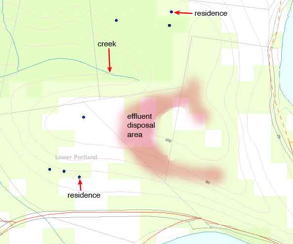 map of effluent area showing location of residences and creek
